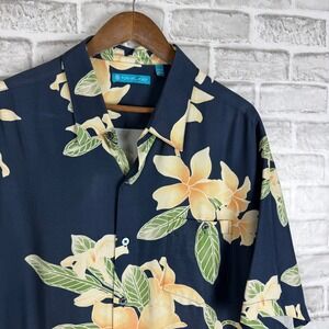 Tori Richard Mens 2XL Navy Blue Silk Lyocell Plumeria Floral Hawaiian Shirt